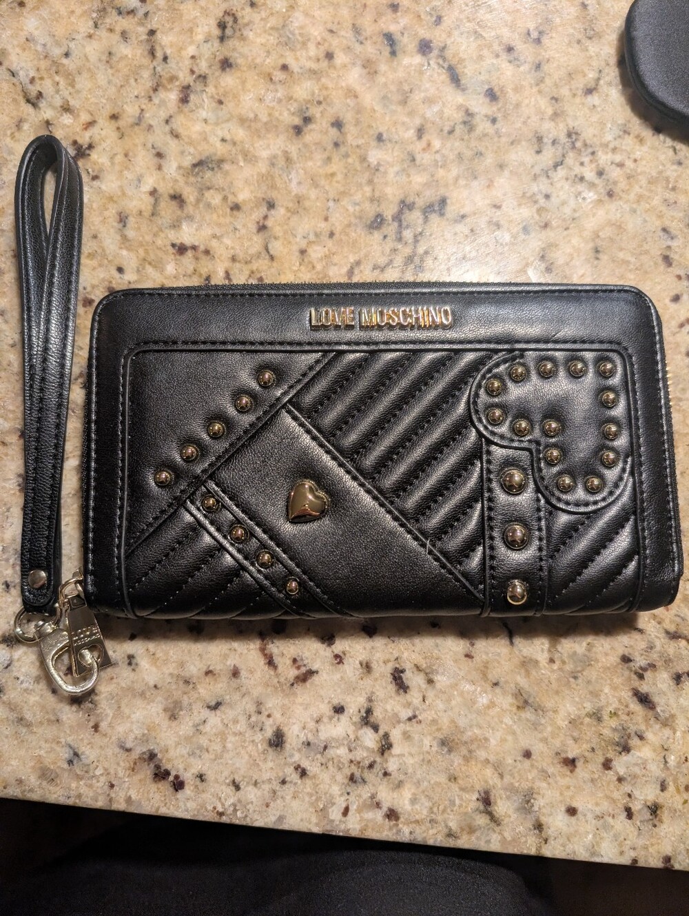 Love Moschino Black Quilted Zip Around Wallet Wristlet Gold Hardware